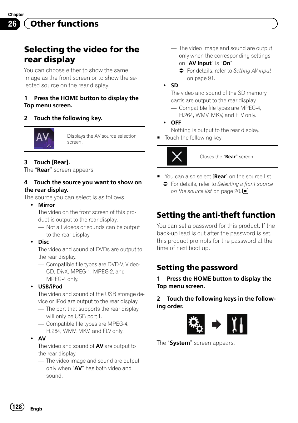 Setting the anti-theft function, Setting the password 128, Selecting the video for the rear display | 26 other functions, Setting the password | Pioneer AVH-X8600BT User Manual | Page 128 / 156