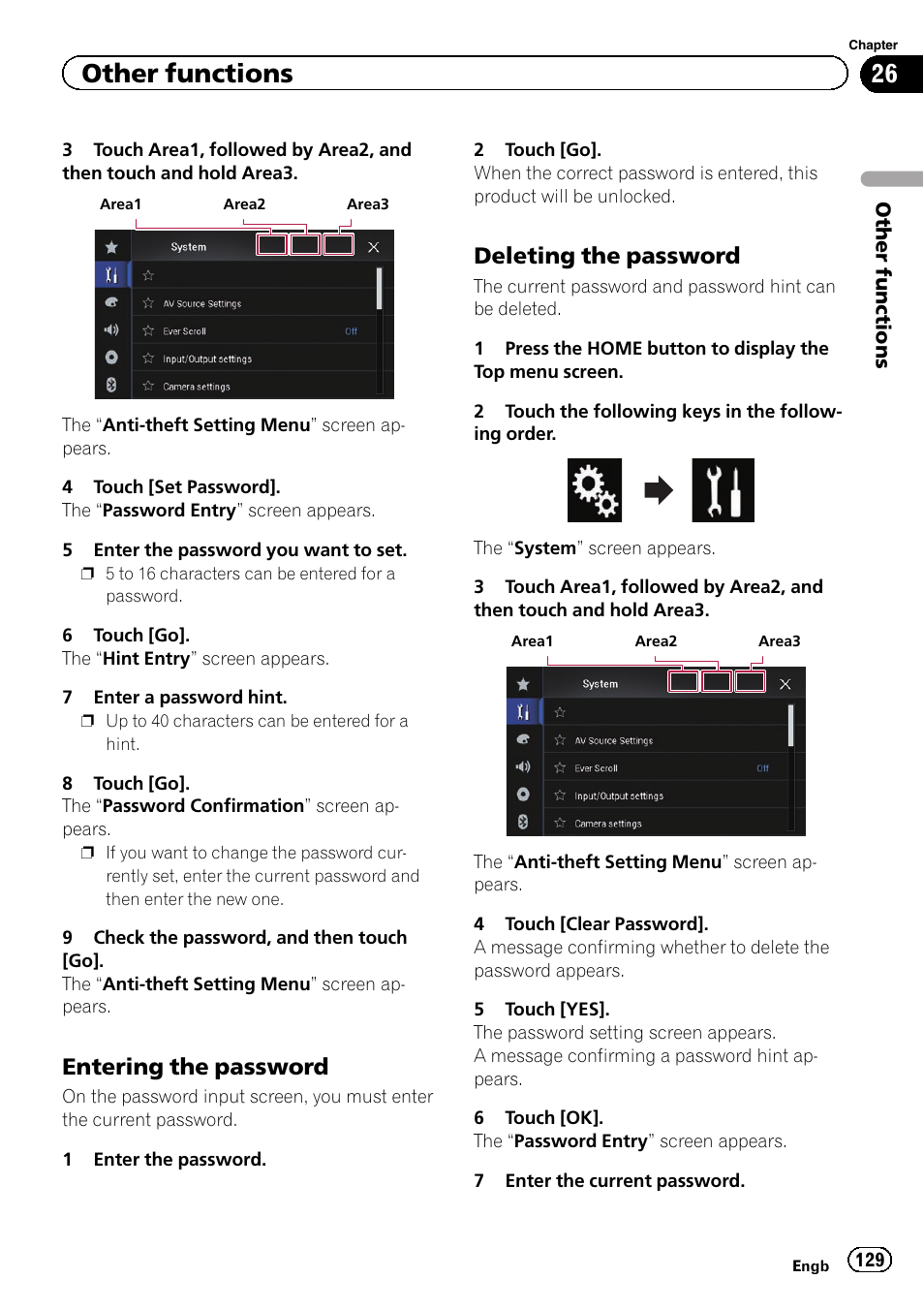 Entering the password 129, Deleting the password 129, Other functions | Entering the password, Deleting the password | Pioneer AVH-X8600BT User Manual | Page 129 / 156
