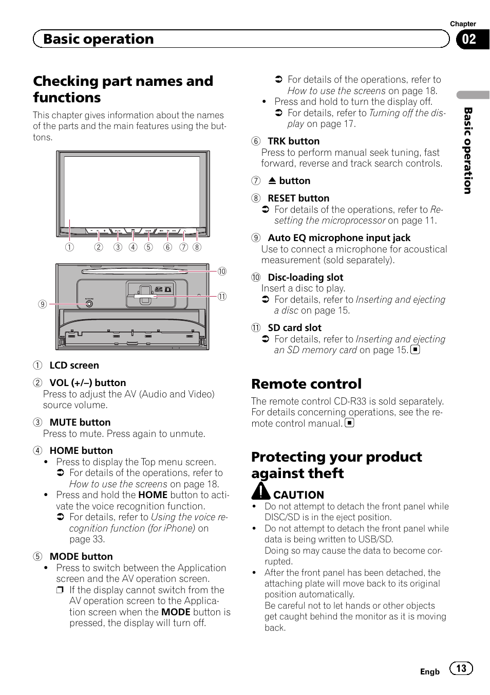 Basic operation checking part names and functions, Remote control, Protecting your product against theft | Checking part names and functions, Basic operation | Pioneer AVH-X8600BT User Manual | Page 13 / 156