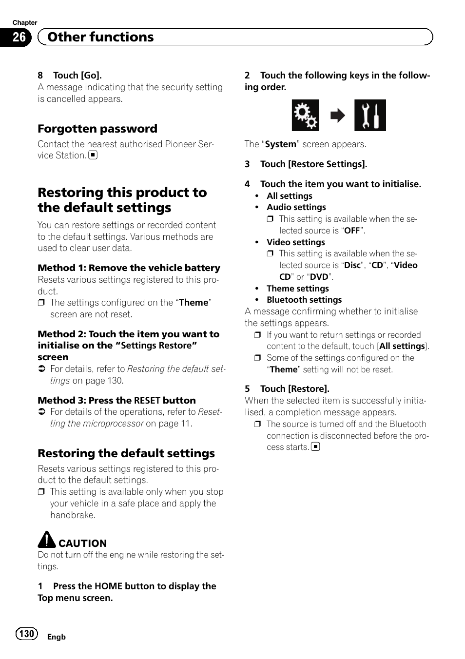 Forgotten password 130, Restoring this product to the default, Settings | Restoring the default settings 130, Restoring this product to the default settings, 26 other functions, Forgotten password, Restoring the default settings | Pioneer AVH-X8600BT User Manual | Page 130 / 156
