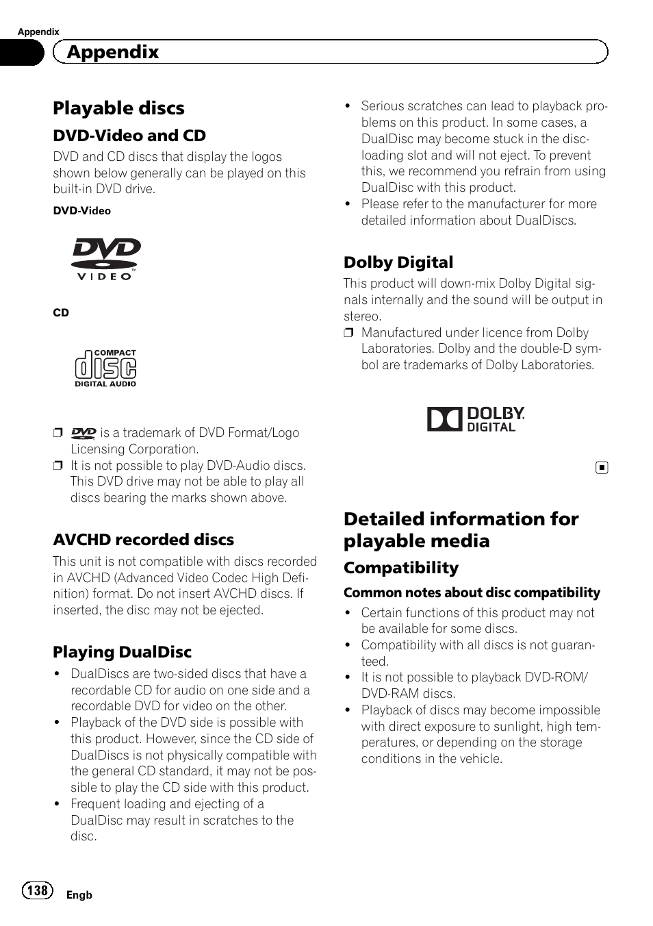 Playable discs, Dvd-video and cd 138, Avchd recorded discs 138 | Playing dualdisc 138, Dolby digital 138, Detailed information for playable media, Compatibility 138, Appendix | Pioneer AVH-X8600BT User Manual | Page 138 / 156