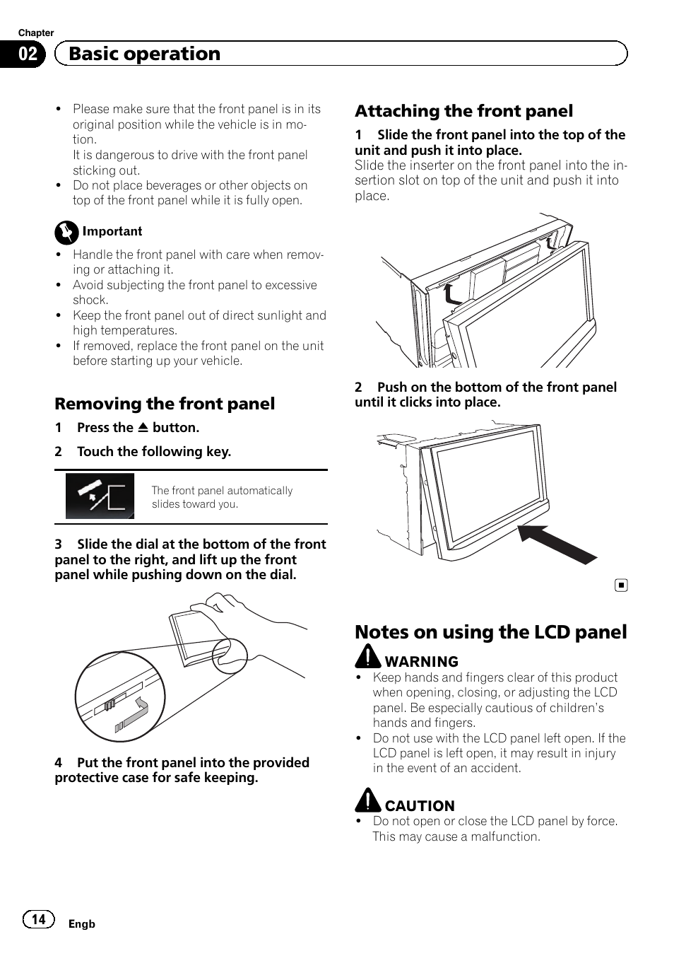 Removing the front panel 14, Attaching the front panel 14, Notes on using the lcd panel | 02 basic operation, Removing the front panel, Attaching the front panel | Pioneer AVH-X8600BT User Manual | Page 14 / 156