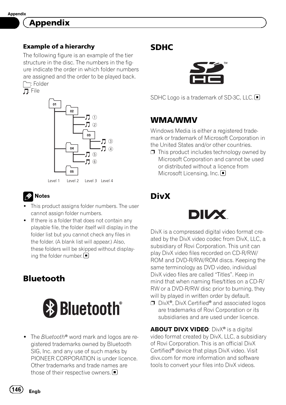 Bluetooth, Sdhc, Wma/wmv | Divx, Appendix | Pioneer AVH-X8600BT User Manual | Page 146 / 156