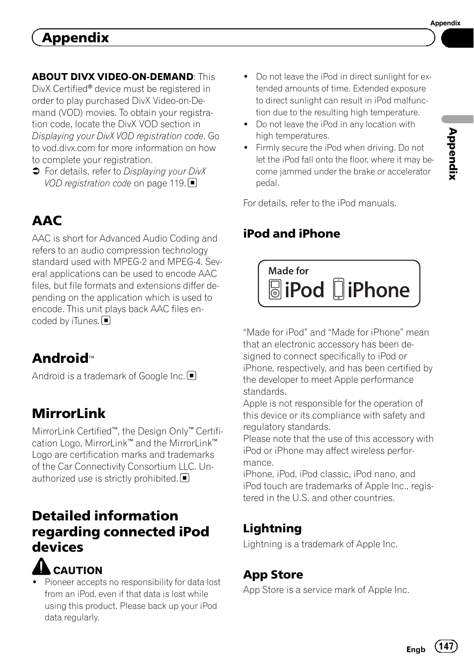 Android, Mirrorlink, Detailed information regarding connected | Ipod devices, Ipod and iphone 147, Lightning 147, App store 147, Appendix, Ipod and iphone, Lightning | Pioneer AVH-X8600BT User Manual | Page 147 / 156