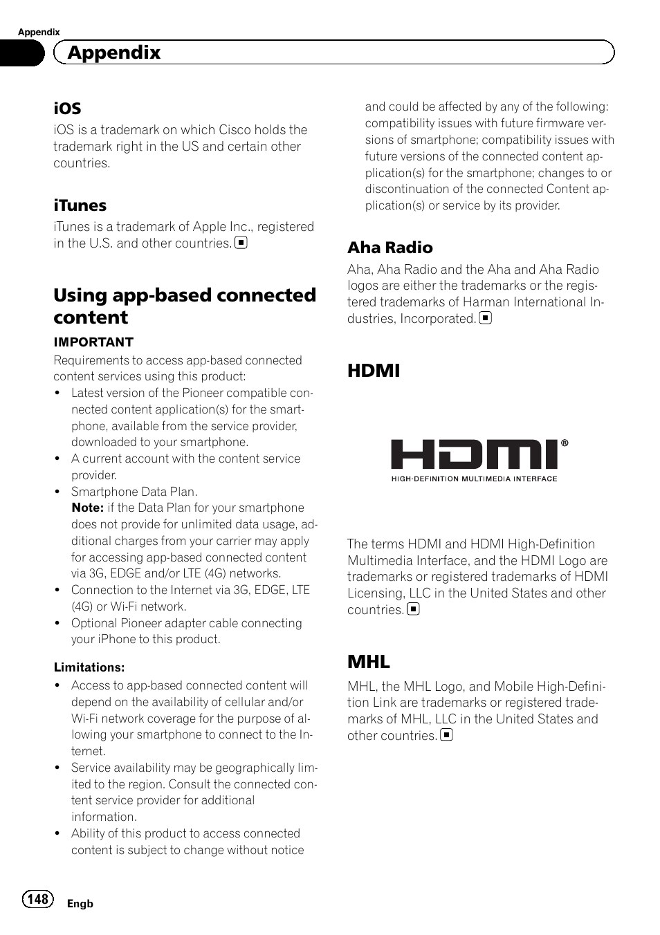 Ios 148, Itunes 148, Using app-based connected content | Aha radio 148, Hdmi, Using app-based connected, Content, Using app-based con, Appendix, Itunes | Pioneer AVH-X8600BT User Manual | Page 148 / 156