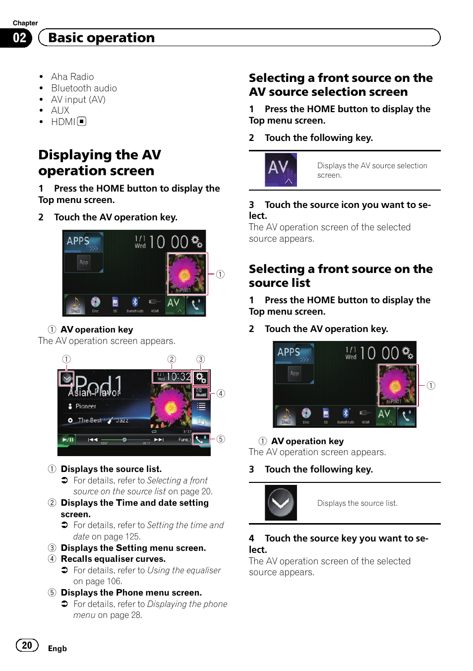 Displaying the av operation screen, Selecting a front source on the av, Source selection screen | Selecting a front source on the source, List, 02 basic operation, Selecting a front source on the source list | Pioneer AVH-X8600BT User Manual | Page 20 / 156