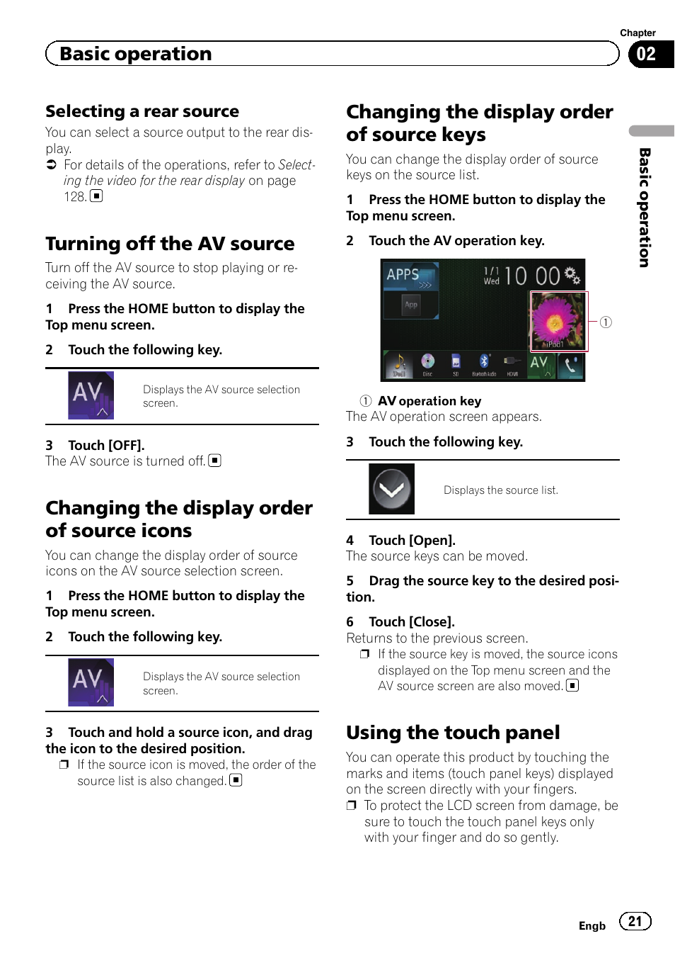 Selecting a rear source 21, Turning off the av source, Changing the display order of source | Icons, Keys, Using the touch panel, Changing the display order of source icons, Changing the display order of source keys, Basic operation, Selecting a rear source | Pioneer AVH-X8600BT User Manual | Page 21 / 156