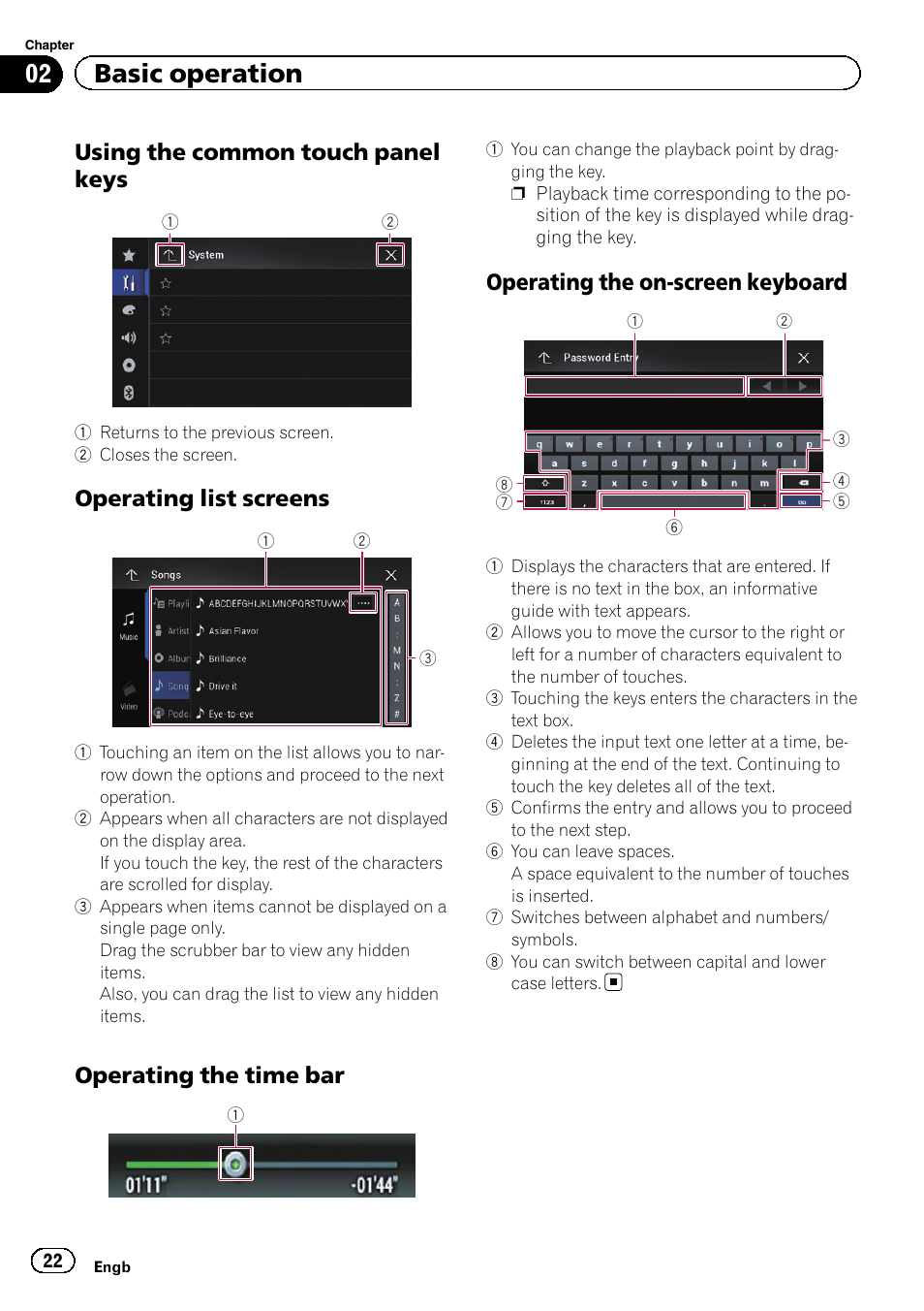 Using the common touch panel, Keys, Operating list screens 22 | Operating the time bar 22, Operating the on-screen keyboard 22, 02 basic operation, Using the common touch panel keys, Operating list screens, Operating the time bar, Operating the on-screen keyboard | Pioneer AVH-X8600BT User Manual | Page 22 / 156