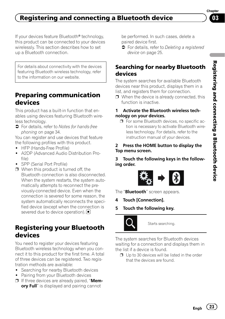 Registering your bluetooth devices, Searching for nearby bluetooth, Devices | Preparing communication devices, Registering and connecting a bluetooth device, Searching for nearby bluetooth devices | Pioneer AVH-X8600BT User Manual | Page 23 / 156