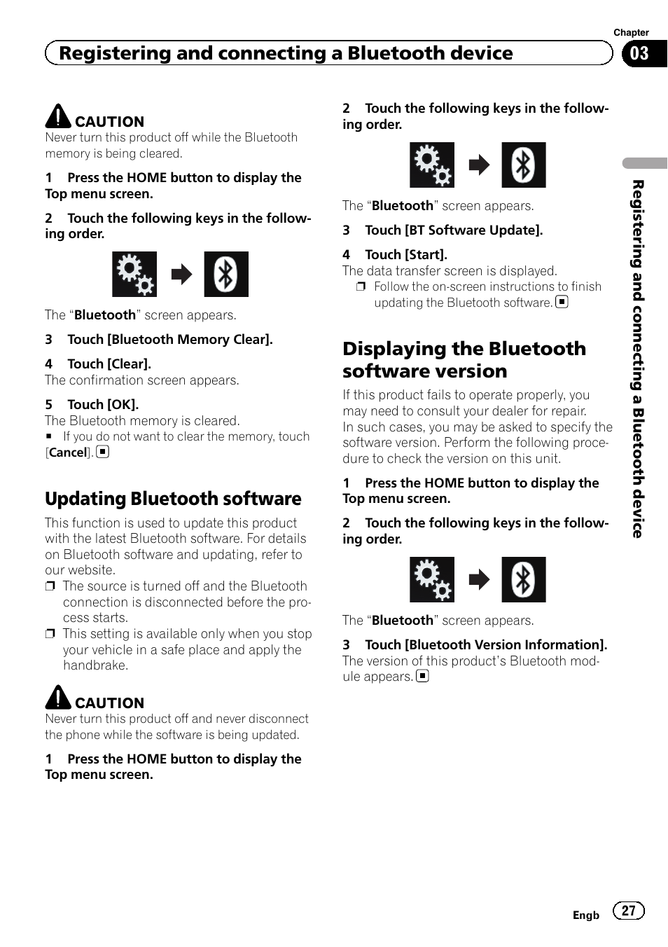 Updating bluetooth software, Displaying the bluetooth software, Version | Displaying the bluetooth software version, Registering and connecting a bluetooth device | Pioneer AVH-X8600BT User Manual | Page 27 / 156