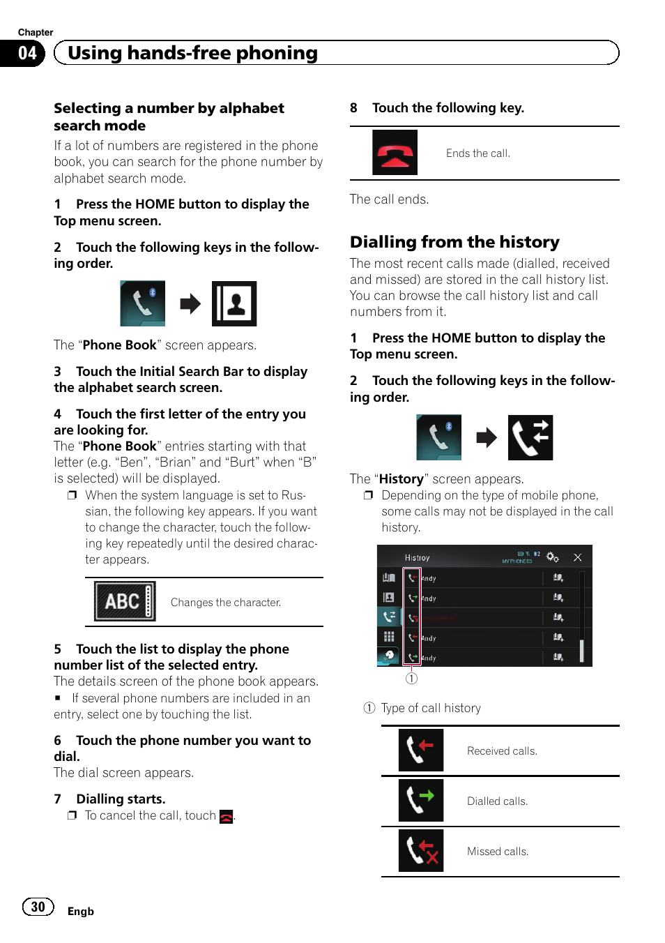 Dialling from the history 30, 04 using hands-free phoning, Dialling from the history | Pioneer AVH-X8600BT User Manual | Page 30 / 156