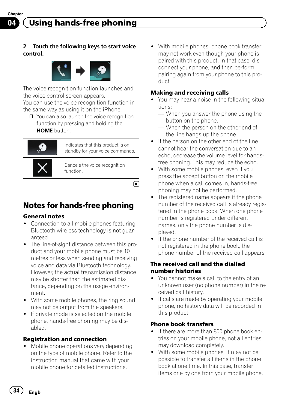Notes for hands-free phoning, Notes for hands-free, 04 using hands-free phoning | Pioneer AVH-X8600BT User Manual | Page 34 / 156