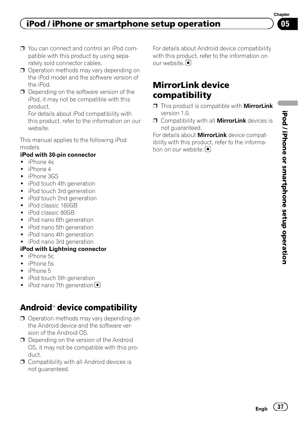 Android, Device compatibility 37, Mirrorlink device compatibility | Device compatibility, Ipod / iphone or smartphone setup operation | Pioneer AVH-X8600BT User Manual | Page 37 / 156