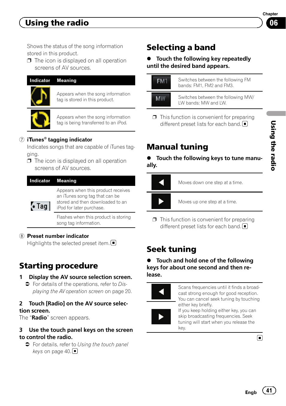 Starting procedure, Selecting a band, Manual tuning | Seek tuning, Selecting a band on, Manual tuning on, Using the radio | Pioneer AVH-X8600BT User Manual | Page 41 / 156