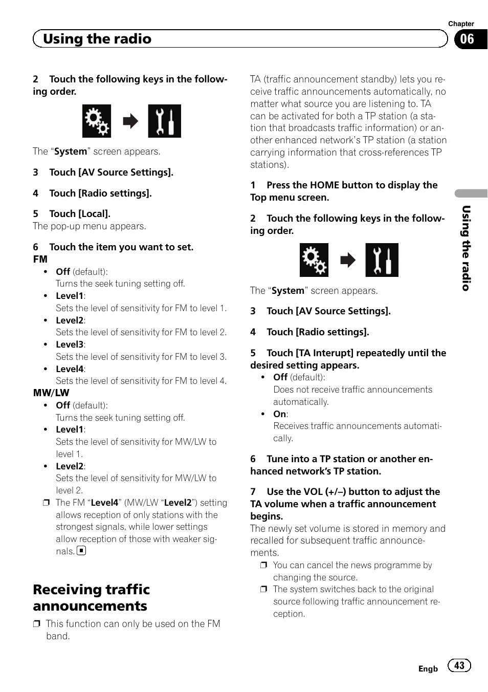 Receiving traffic announcements, Using the radio | Pioneer AVH-X8600BT User Manual | Page 43 / 156