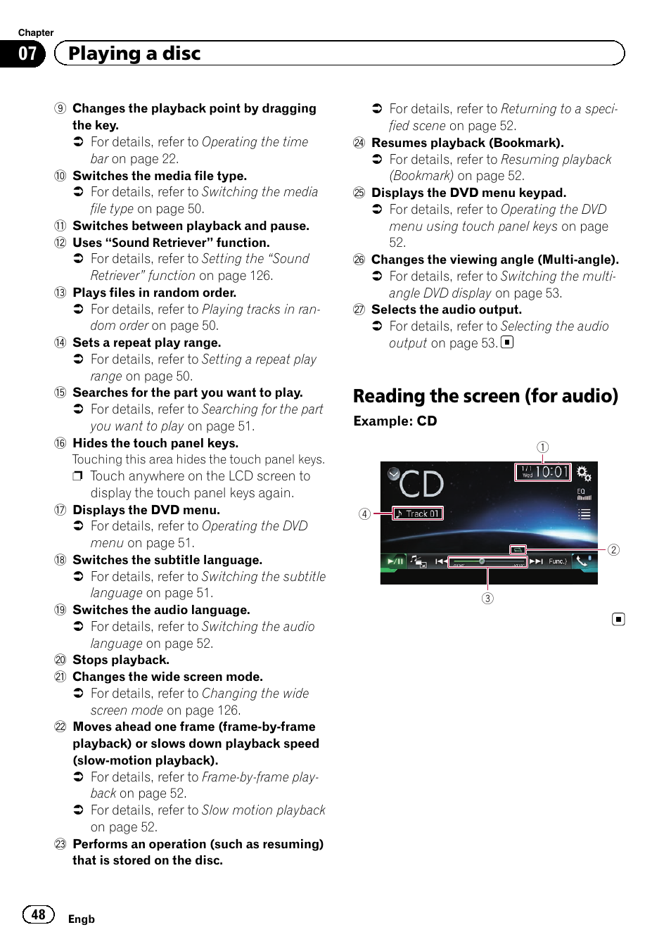 Reading the screen (for audio), 07 playing a disc | Pioneer AVH-X8600BT User Manual | Page 48 / 156