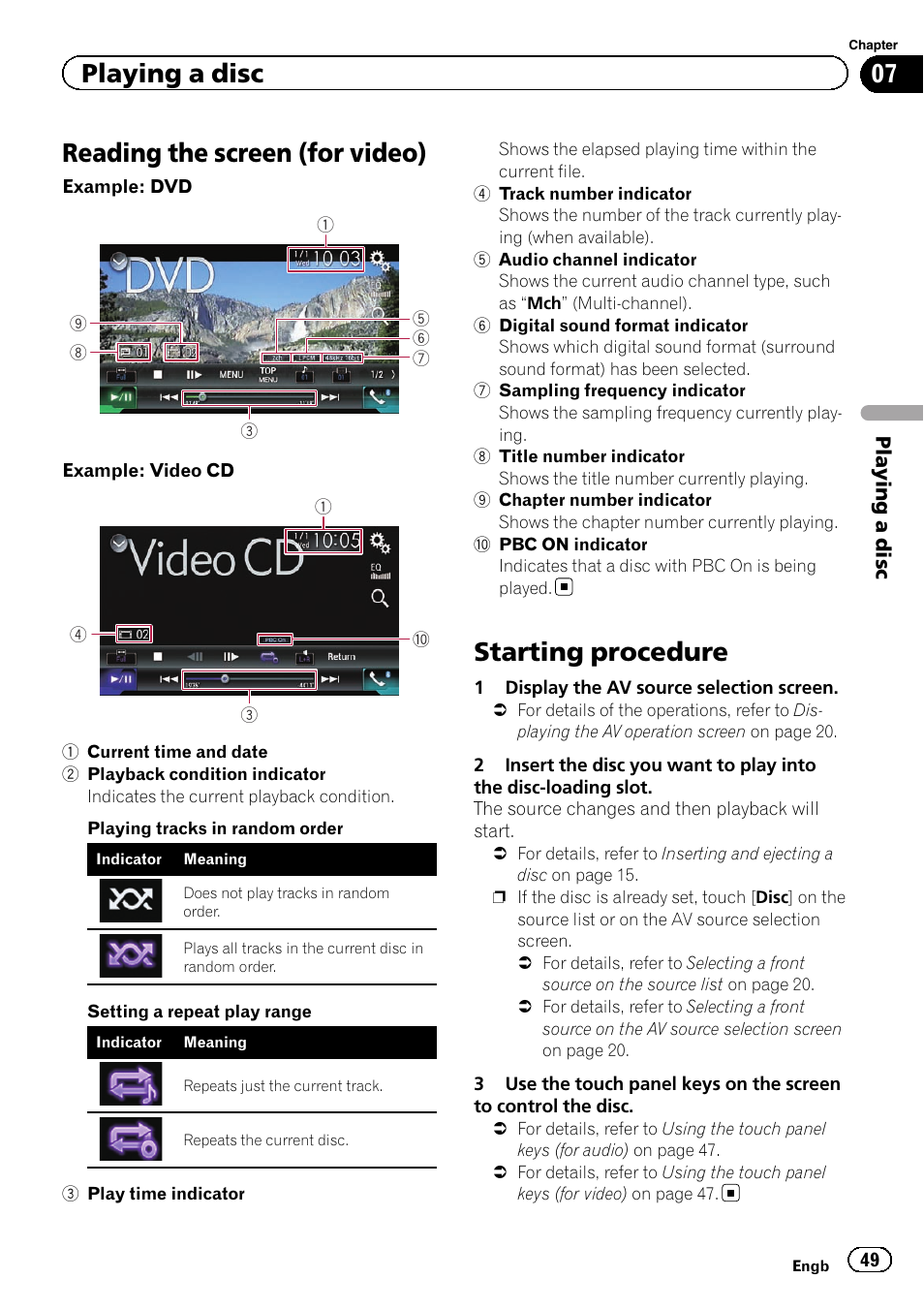 Reading the screen (for video), Starting procedure, Playing a disc | Pioneer AVH-X8600BT User Manual | Page 49 / 156