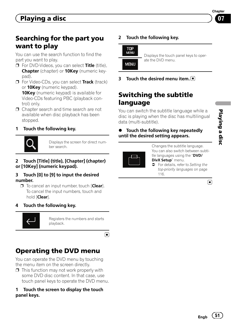 Searching for the part you want to play, Operating the dvd menu, Switching the subtitle language | Searching for the part, Operating the dvd, Switching the subtitle, Playing a disc | Pioneer AVH-X8600BT User Manual | Page 51 / 156