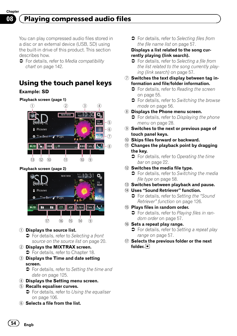 Using the touch panel keys, 08 playing compressed audio files | Pioneer AVH-X8600BT User Manual | Page 54 / 156