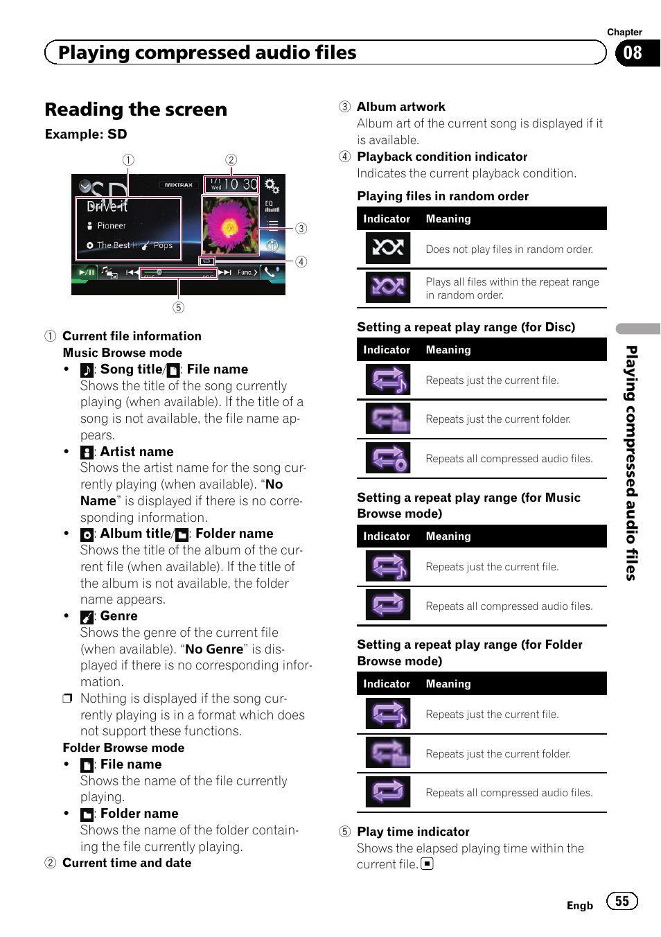 Reading the screen, Playing compressed audio files | Pioneer AVH-X8600BT User Manual | Page 55 / 156