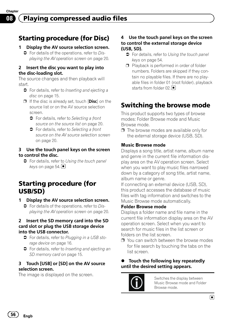 Starting procedure (for disc), Starting procedure (for usb/sd), Switching the browse mode | Switching the browse, 08 playing compressed audio files | Pioneer AVH-X8600BT User Manual | Page 56 / 156