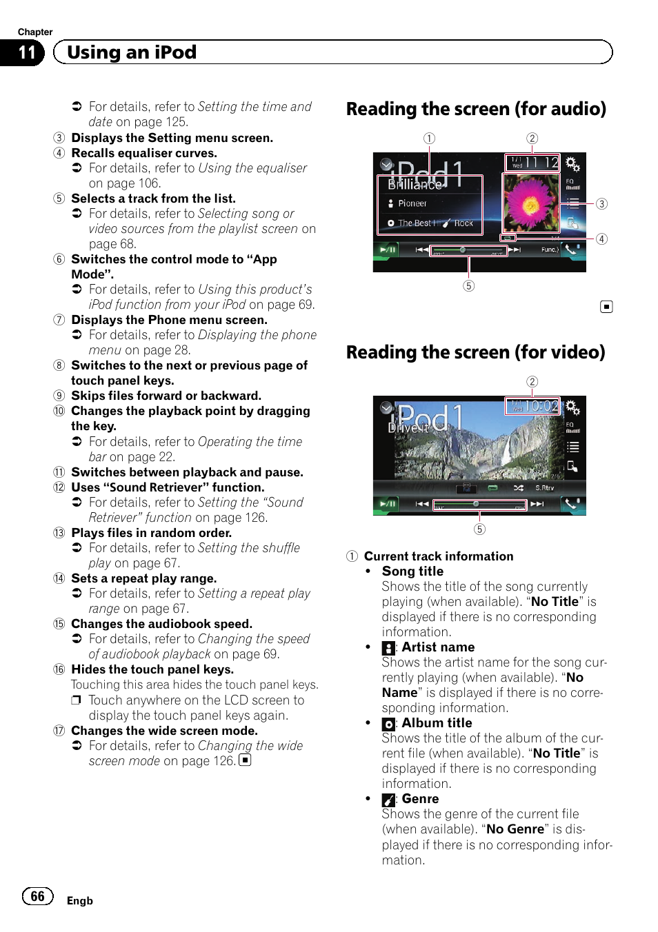 Reading the screen (for audio), Reading the screen (for video), 11 using an ipod | Pioneer AVH-X8600BT User Manual | Page 66 / 156