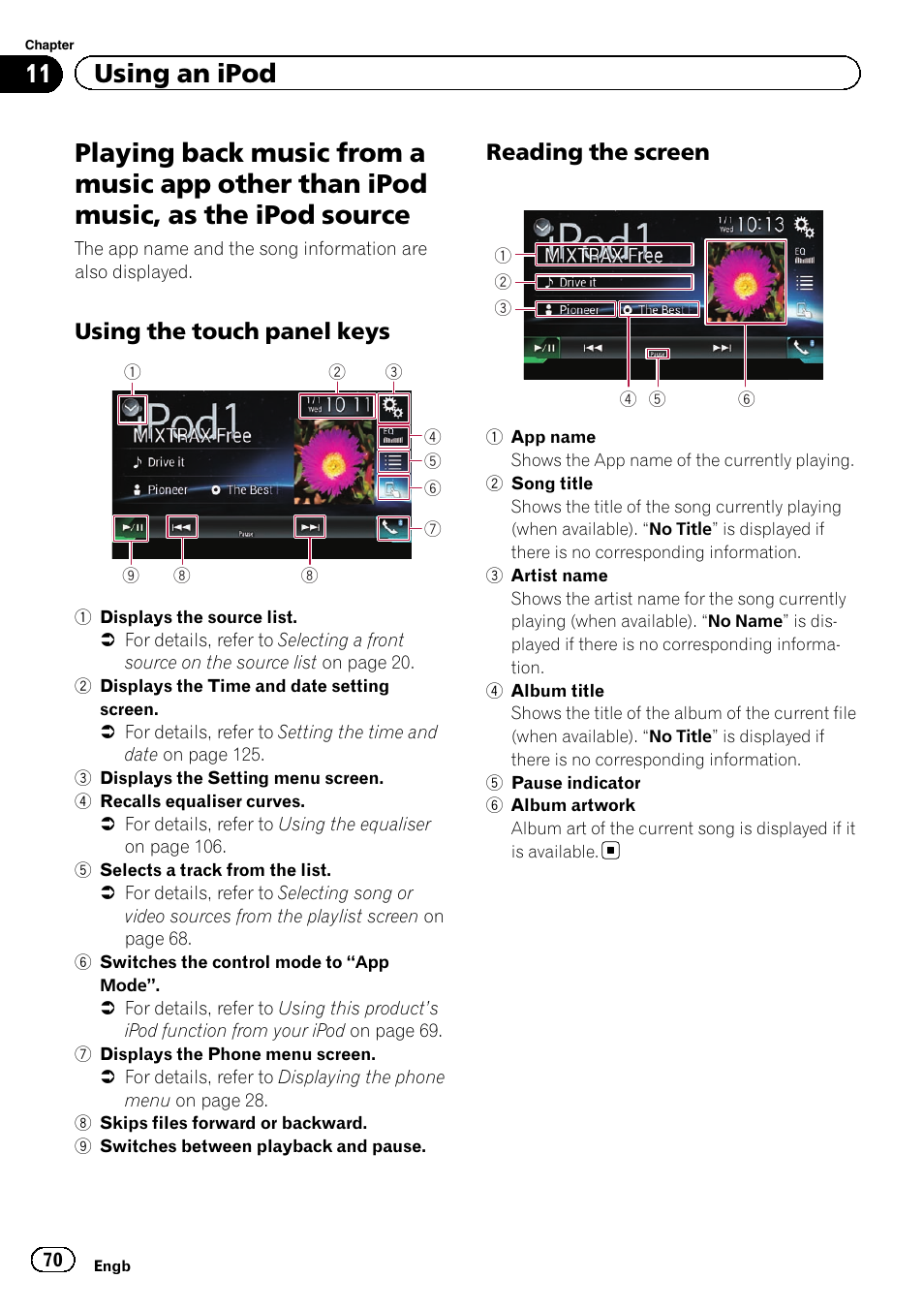 Playing back music from a music app other, Than ipod music, as the ipod source, Using the touch panel keys 70 | Reading the screen 70, 11 using an ipod, Using the touch panel keys, Reading the screen | Pioneer AVH-X8600BT User Manual | Page 70 / 156