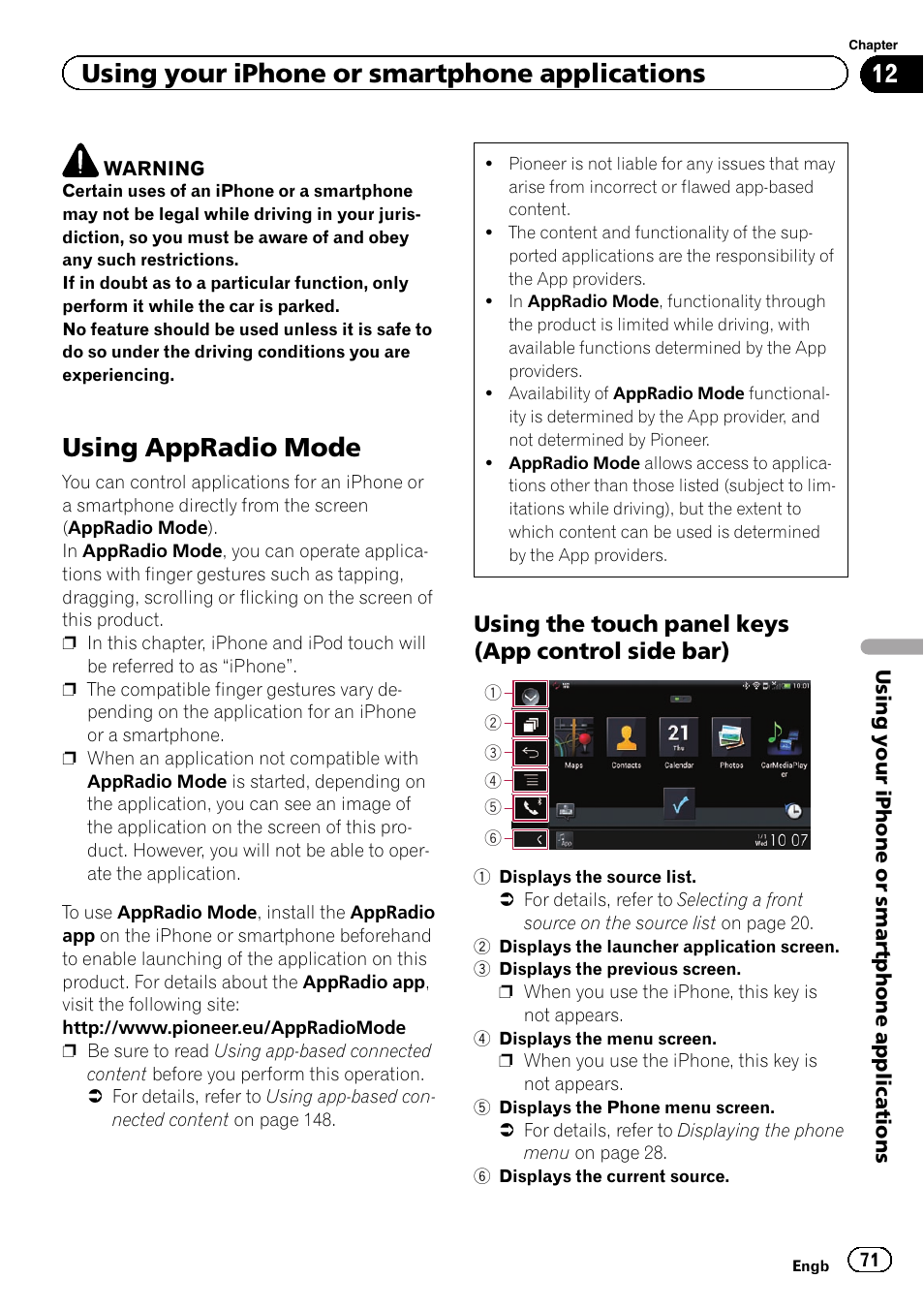 Using the touch panel keys (app, Control side bar), Using appradio mode | Using your iphone or smartphone applications, Using the touch panel keys (app control side bar) | Pioneer AVH-X8600BT User Manual | Page 71 / 156