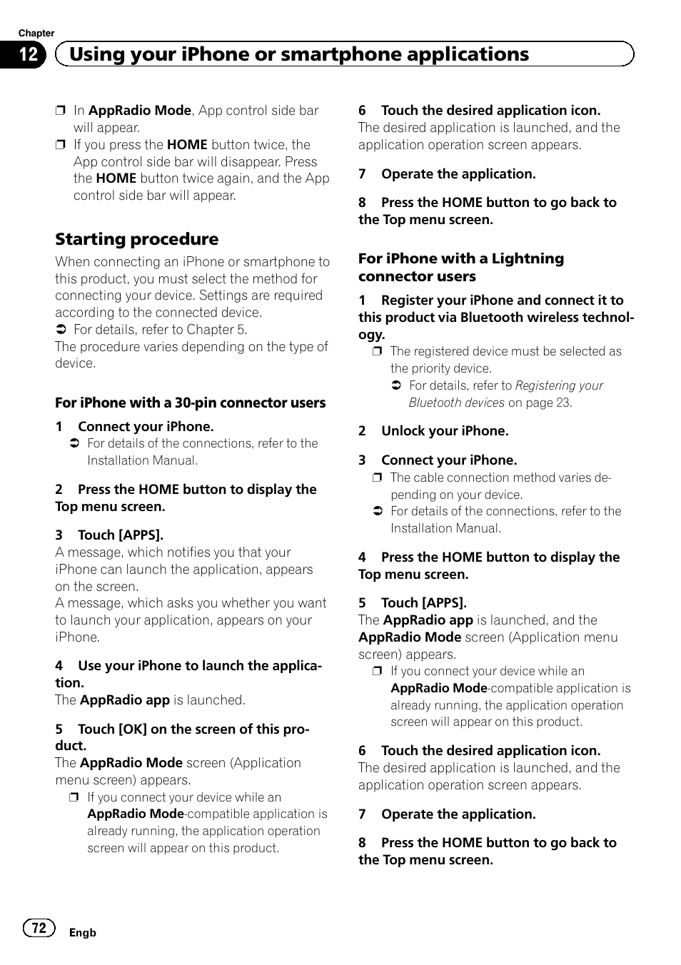 Starting procedure 72, 12 using your iphone or smartphone applications, Starting procedure | Pioneer AVH-X8600BT User Manual | Page 72 / 156