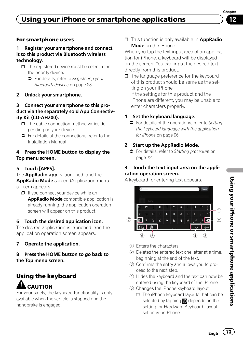 Using the keyboard 73, Using your iphone or smartphone applications, Using the keyboard | Pioneer AVH-X8600BT User Manual | Page 73 / 156