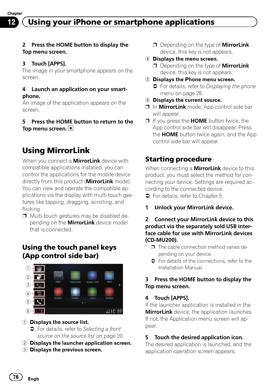 Using mirrorlink, Using the touch panel keys (app, Control side bar) | Starting procedure 76, 12 using your iphone or smartphone applications, Using the touch panel keys (app control side bar), Starting procedure | Pioneer AVH-X8600BT User Manual | Page 76 / 156