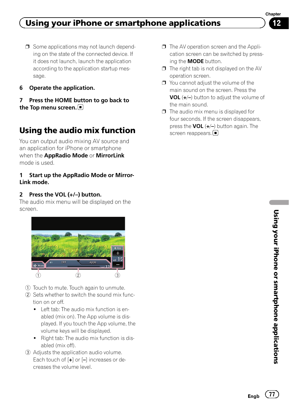 Using the audio mix function, Using your iphone or smartphone applications | Pioneer AVH-X8600BT User Manual | Page 77 / 156