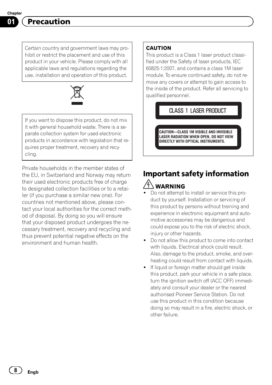 Precaution important safety information, Important safety information, 01 precaution | Pioneer AVH-X8600BT User Manual | Page 8 / 156