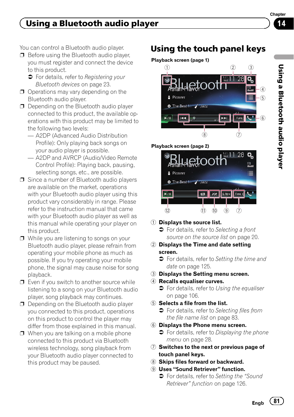 Using the touch panel keys, Using a bluetooth audio player | Pioneer AVH-X8600BT User Manual | Page 81 / 156