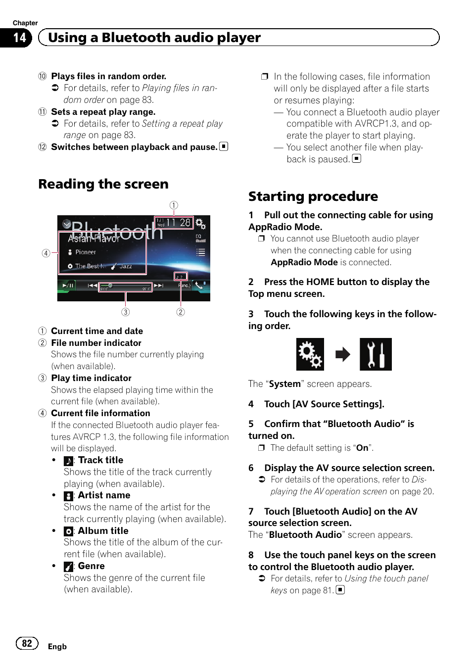 Reading the screen, Starting procedure, 14 using a bluetooth audio player | Pioneer AVH-X8600BT User Manual | Page 82 / 156