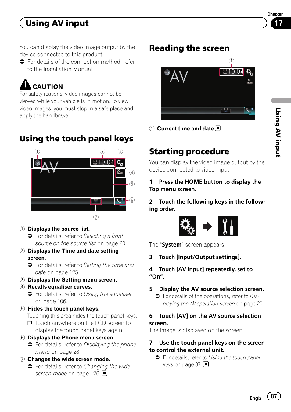Using av input using the touch panel keys, Reading the screen, Starting procedure | Using the touch panel keys, Using av input | Pioneer AVH-X8600BT User Manual | Page 87 / 156