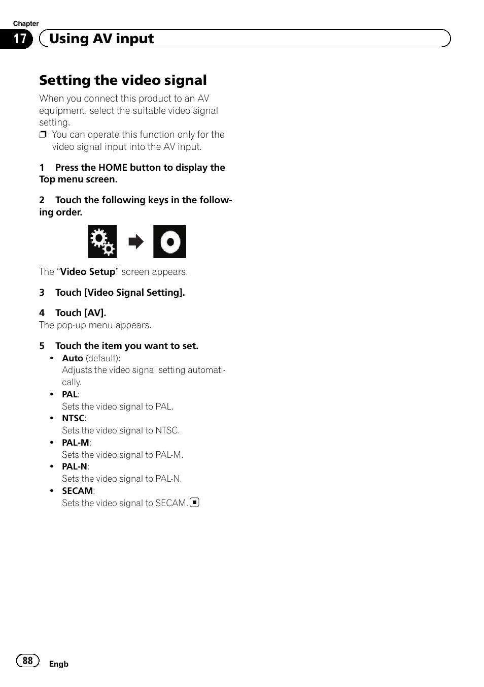 Setting the video signal, 17 using av input | Pioneer AVH-X8600BT User Manual | Page 88 / 156