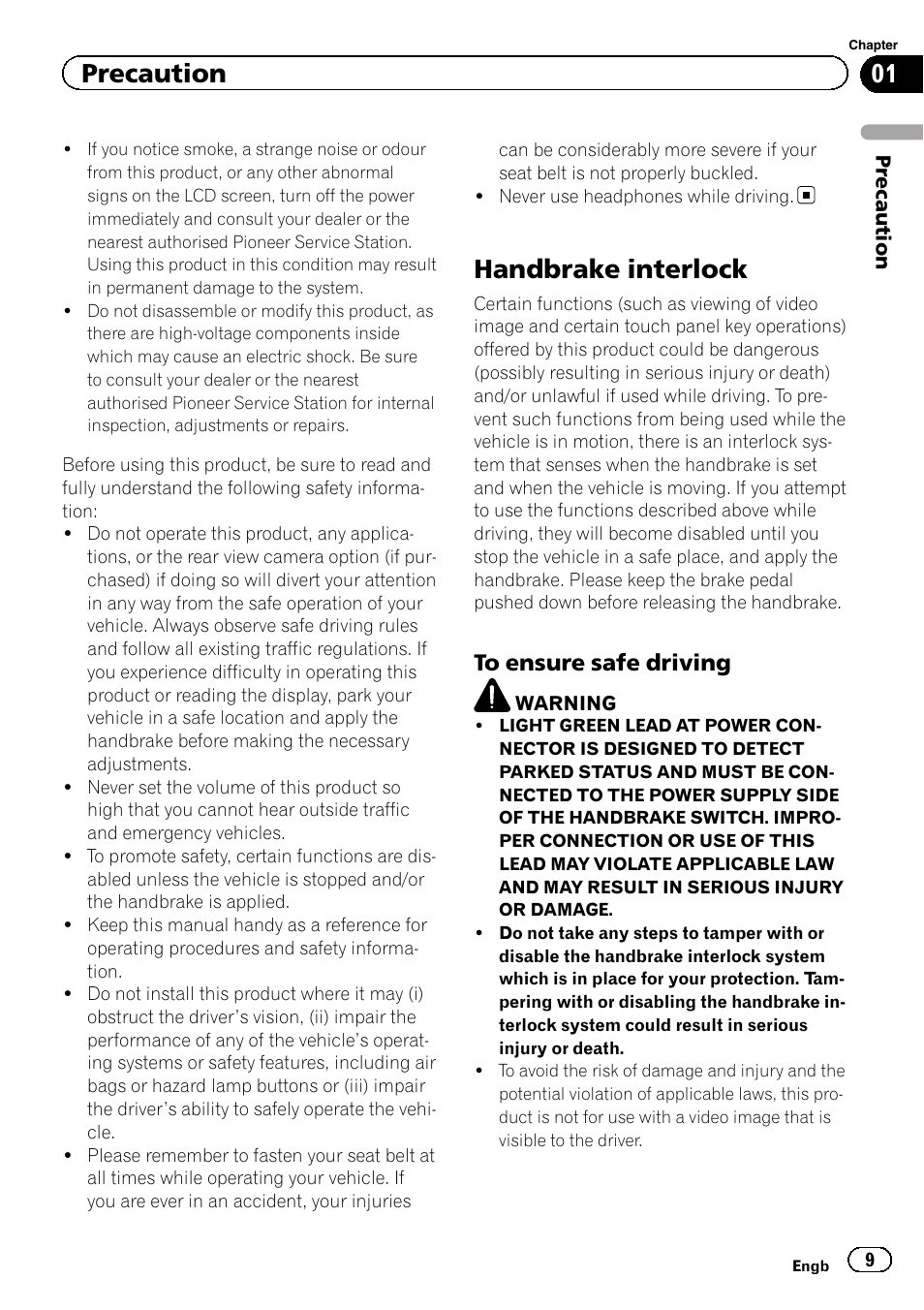 Handbrake interlock, To ensure safe driving 9, Precaution | Pioneer AVH-X8600BT User Manual | Page 9 / 156