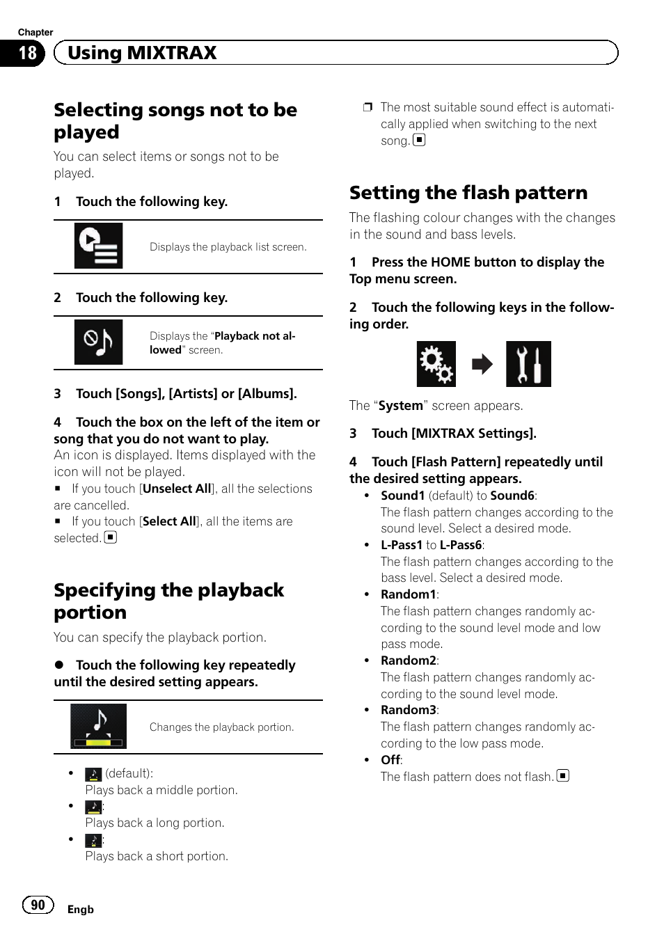 Selecting songs not to be played, Specifying the playback portion, Setting the flash pattern | 18 using mixtrax | Pioneer AVH-X8600BT User Manual | Page 90 / 156