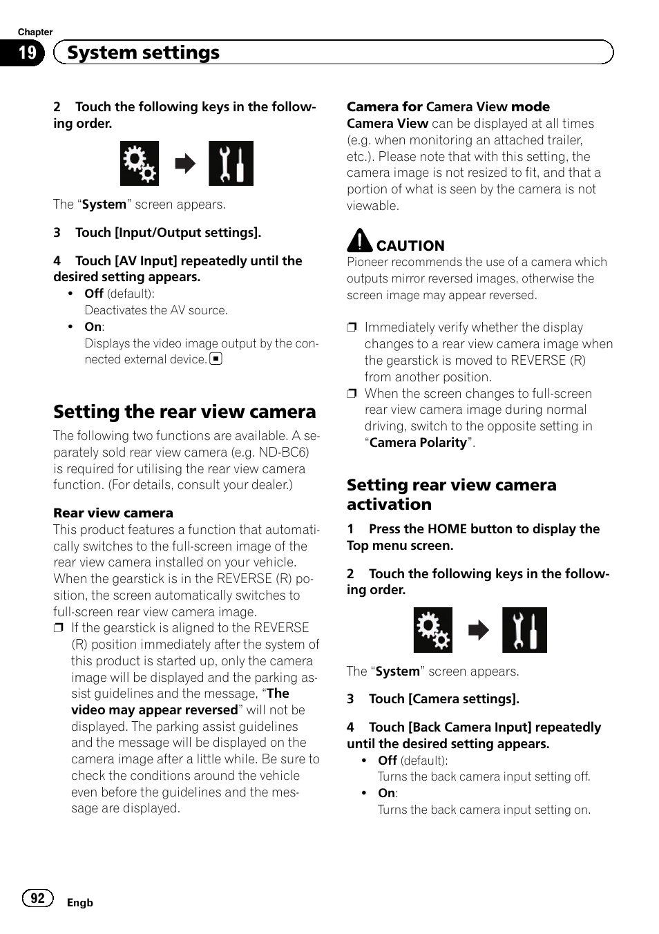 Setting the rear view camera, Setting rear view camera, Activation | 19 system settings, Setting rear view camera activation | Pioneer AVH-X8600BT User Manual | Page 92 / 156