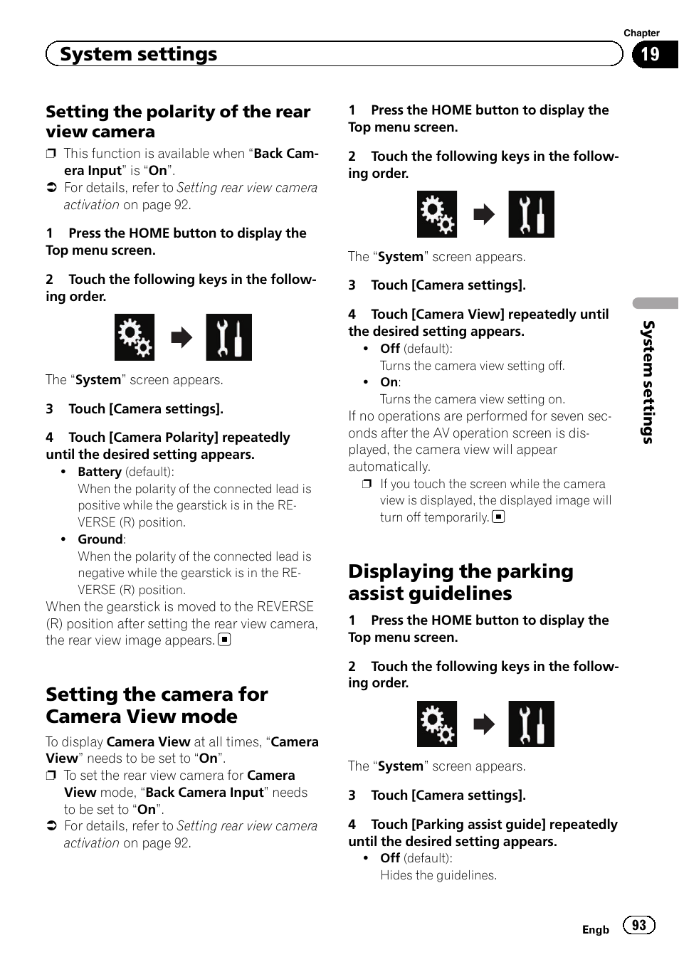 Setting the polarity of the rear view, Camera, Setting the camera for camera view | Mode, Displaying the parking assist guidelines, Setting the camera for camera view mode, System settings, Setting the polarity of the rear view camera | Pioneer AVH-X8600BT User Manual | Page 93 / 156