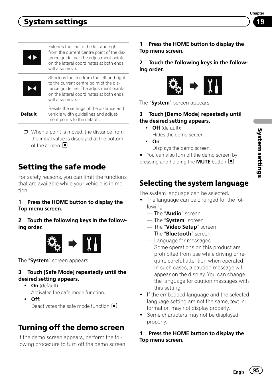 Setting the safe mode, Turning off the demo screen, Selecting the system language | System settings | Pioneer AVH-X8600BT User Manual | Page 95 / 156