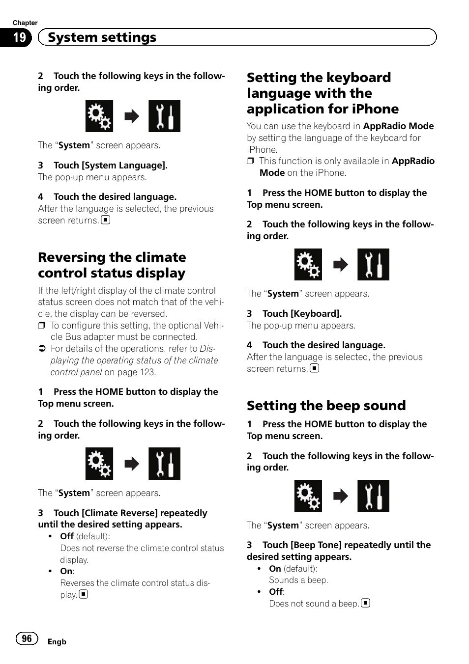 Reversing the climate control status, Display, Setting the keyboard language with the | Application for iphone, Setting the beep sound, Setting, Reversing the climate control status display, 19 system settings | Pioneer AVH-X8600BT User Manual | Page 96 / 156