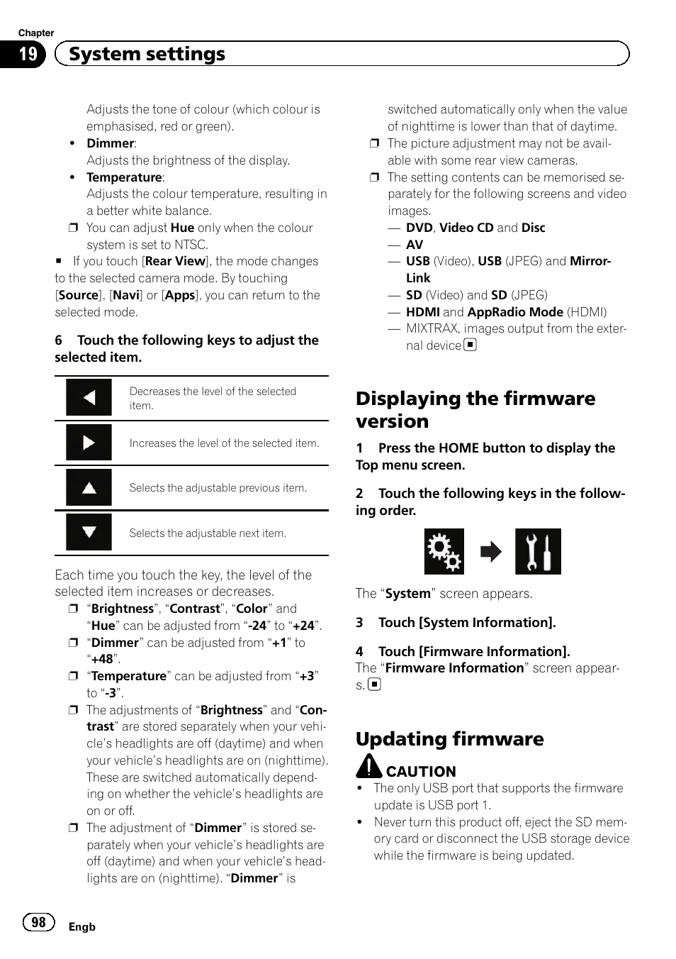 Displaying the firmware version, Updating firmware, 19 system settings | Pioneer AVH-X8600BT User Manual | Page 98 / 156