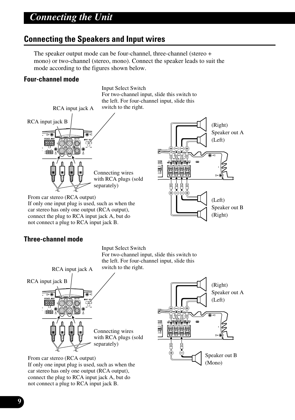 Connecting the speakers and input wires, Connecting the unit, Four-channel mode three-channel mode | Pioneer GM-6100F User Manual | Page 10 / 74