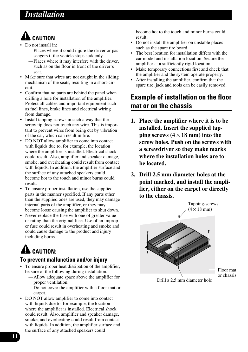 Installation, Example of installation on the floor mat, Or on the chassis | Pioneer GM-6100F User Manual | Page 12 / 74