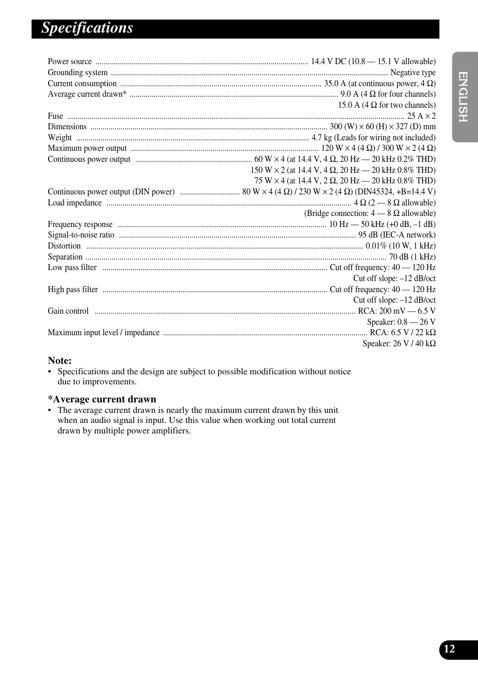 Specifications | Pioneer GM-6100F User Manual | Page 13 / 74