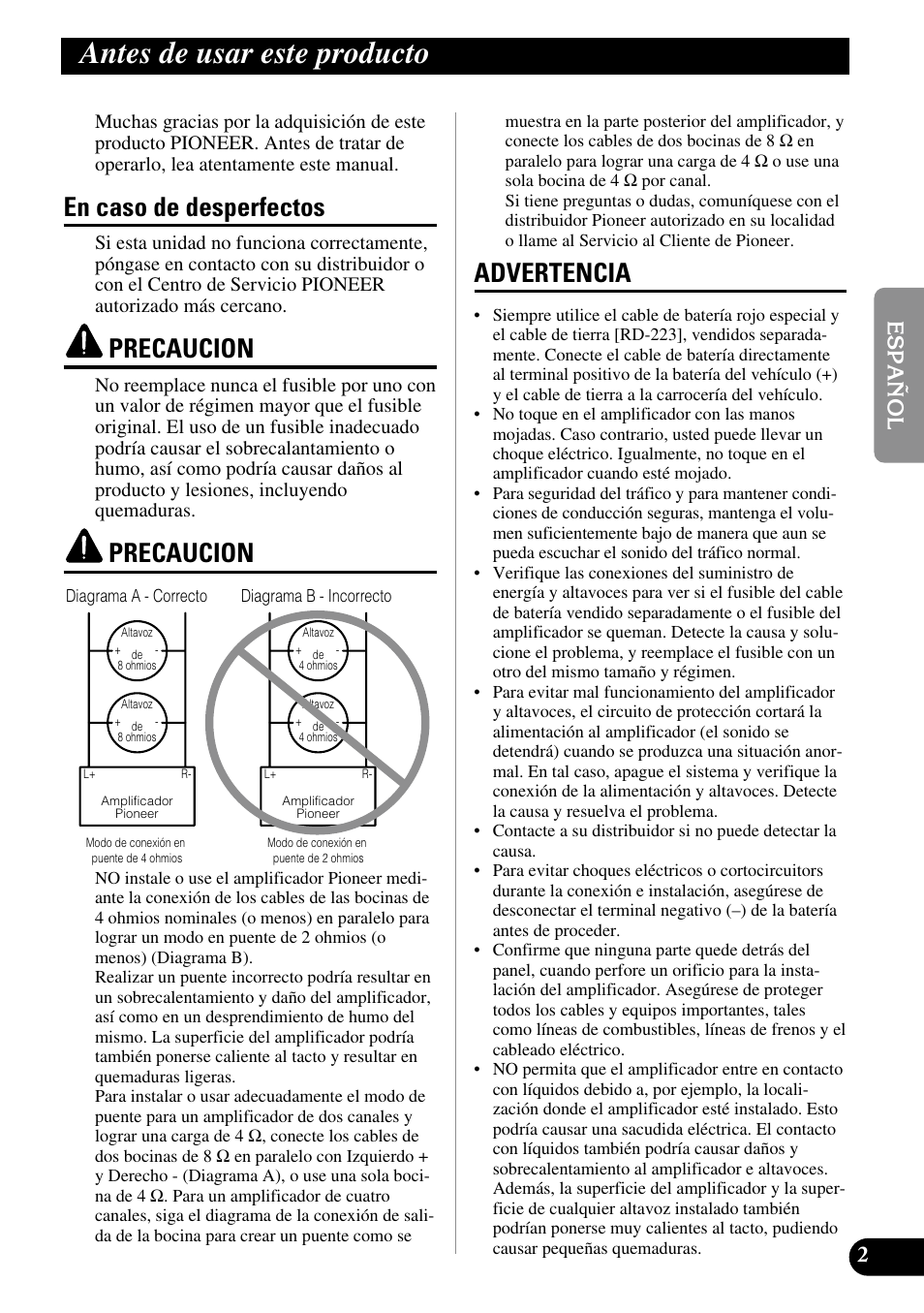 Antes de usar este producto, En caso de desperfectos, Precaucion | Advertencia | Pioneer GM-6100F User Manual | Page 15 / 74