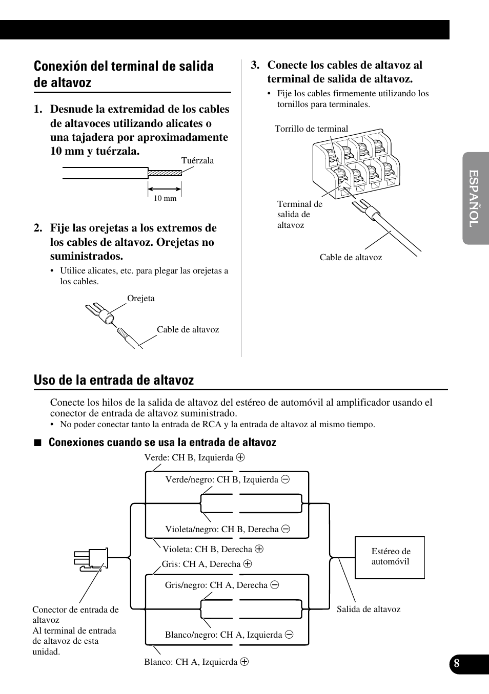 Uso de la entrada de altavoz, Conexión del terminal de salida de altavoz | Pioneer GM-6100F User Manual | Page 21 / 74