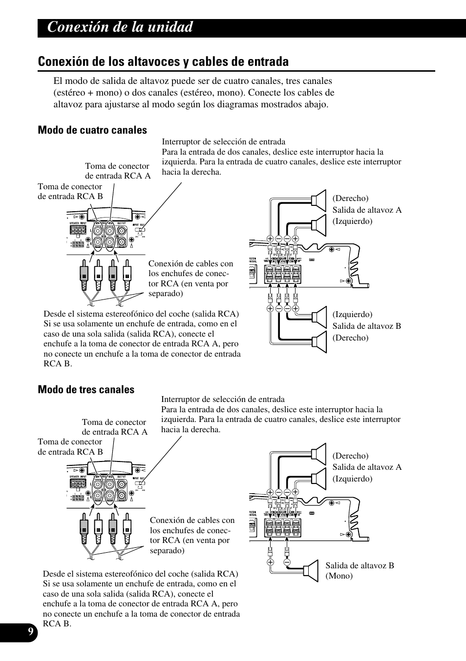 Conexión de los altavoces y cables, De entrada, Conexión de la unidad | Conexión de los altavoces y cables de entrada, Modo de cuatro canales modo de tres canales | Pioneer GM-6100F User Manual | Page 22 / 74